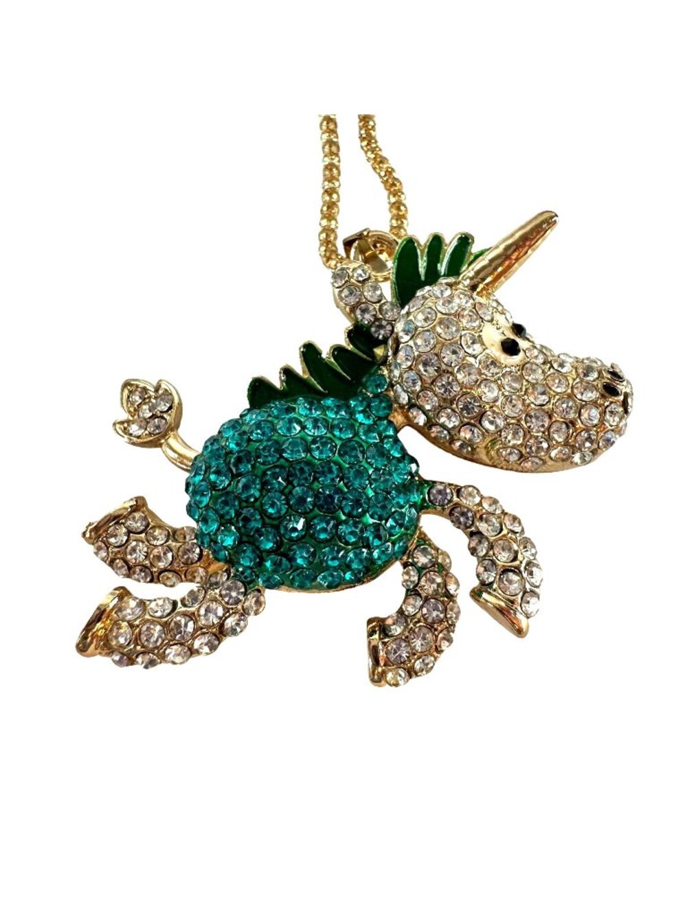 Teal Crystal Unicorn Pendant Necklace Gold Tone